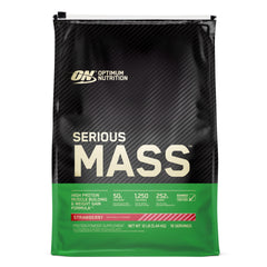 Optimum Nutrition Serious Mass strawberry powder container on a shelf, ready for a calorie-rich shake.