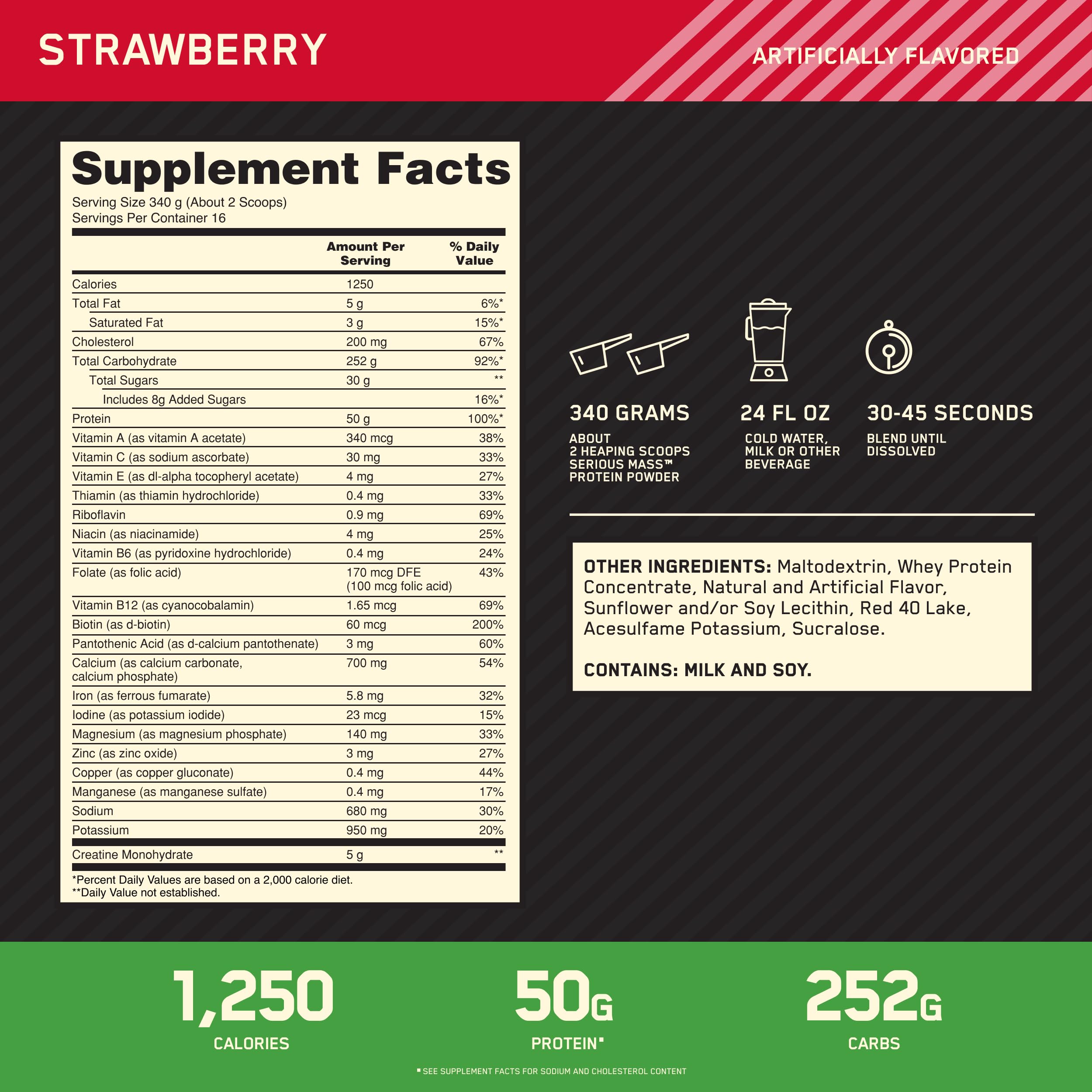 Optimum Nutrition Serious Mass strawberry scoop emphasizes delicious flavor.