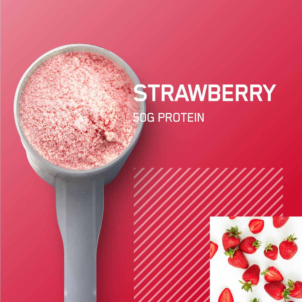 Optimum Nutrition Serious Mass strawberry shake in a glass, smooth and post-workout ready.