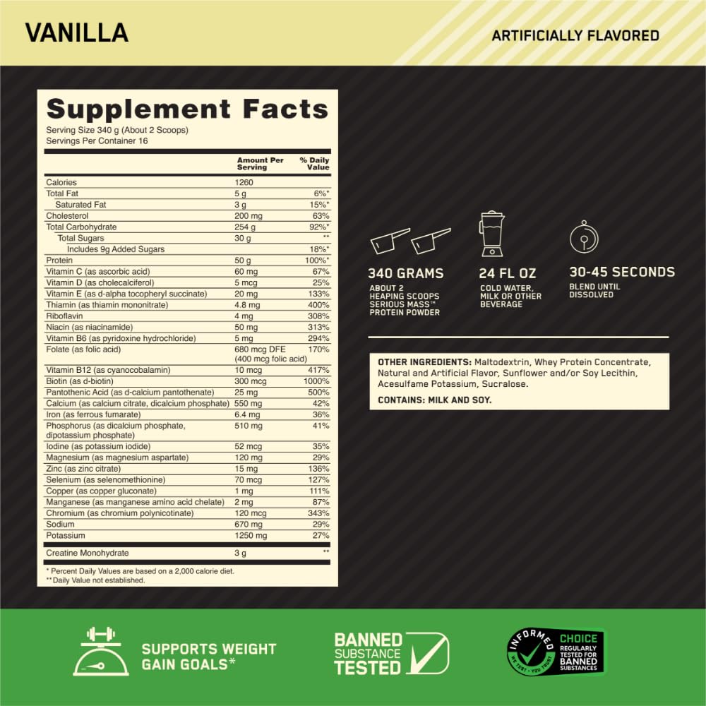 Optimum Nutrition Serious Mass vanilla blender scene illustrating easy smoothie boosting