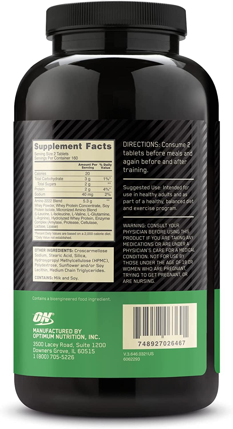 Optimum Nutrition Superior Amino 2222 tablets bottle on shelf suggests ready daily use.