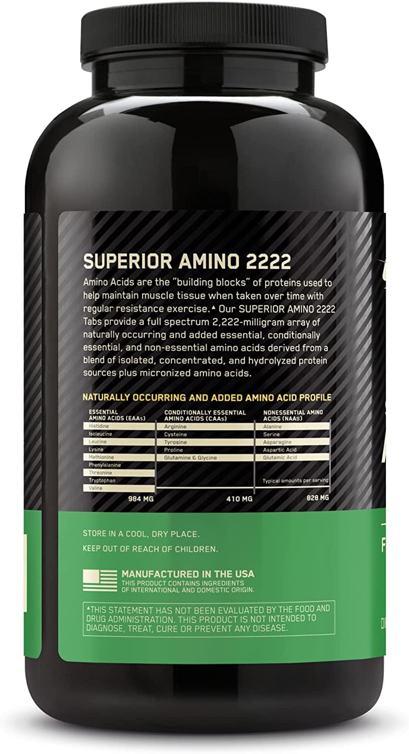 Optimum Nutrition Superior Amino 2222 tablets heat exposure note emphasizes handling.