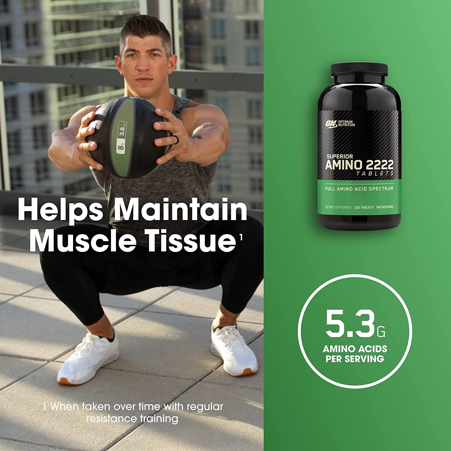 Optimum Nutrition Superior Amino 2222 tablets label highlights 18 amino acids for balanced nutrition.