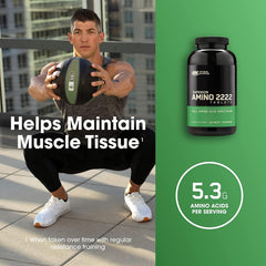 Optimum Nutrition Superior Amino 2222 tablets label highlights 18 amino acids for balanced nutrition.