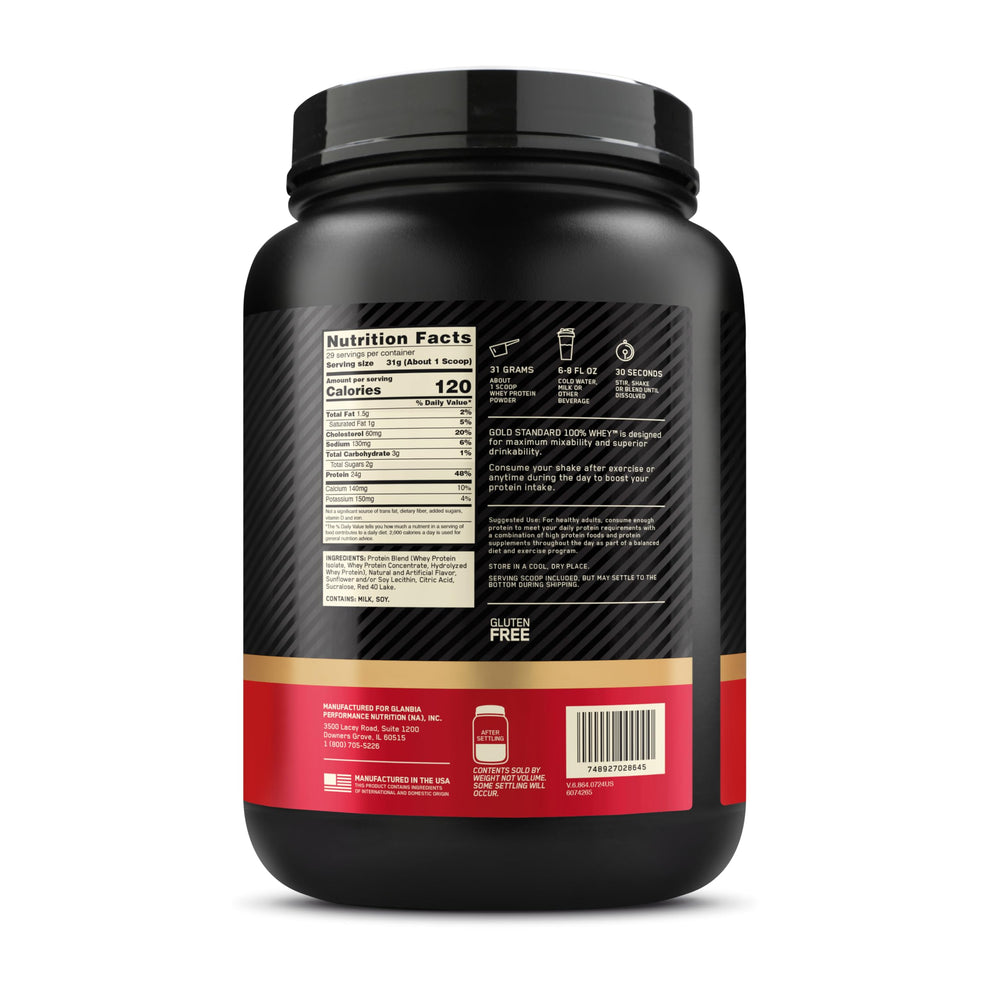 Nutrition label of Optimum Nutrition Gold Standard Whey strawberry close view