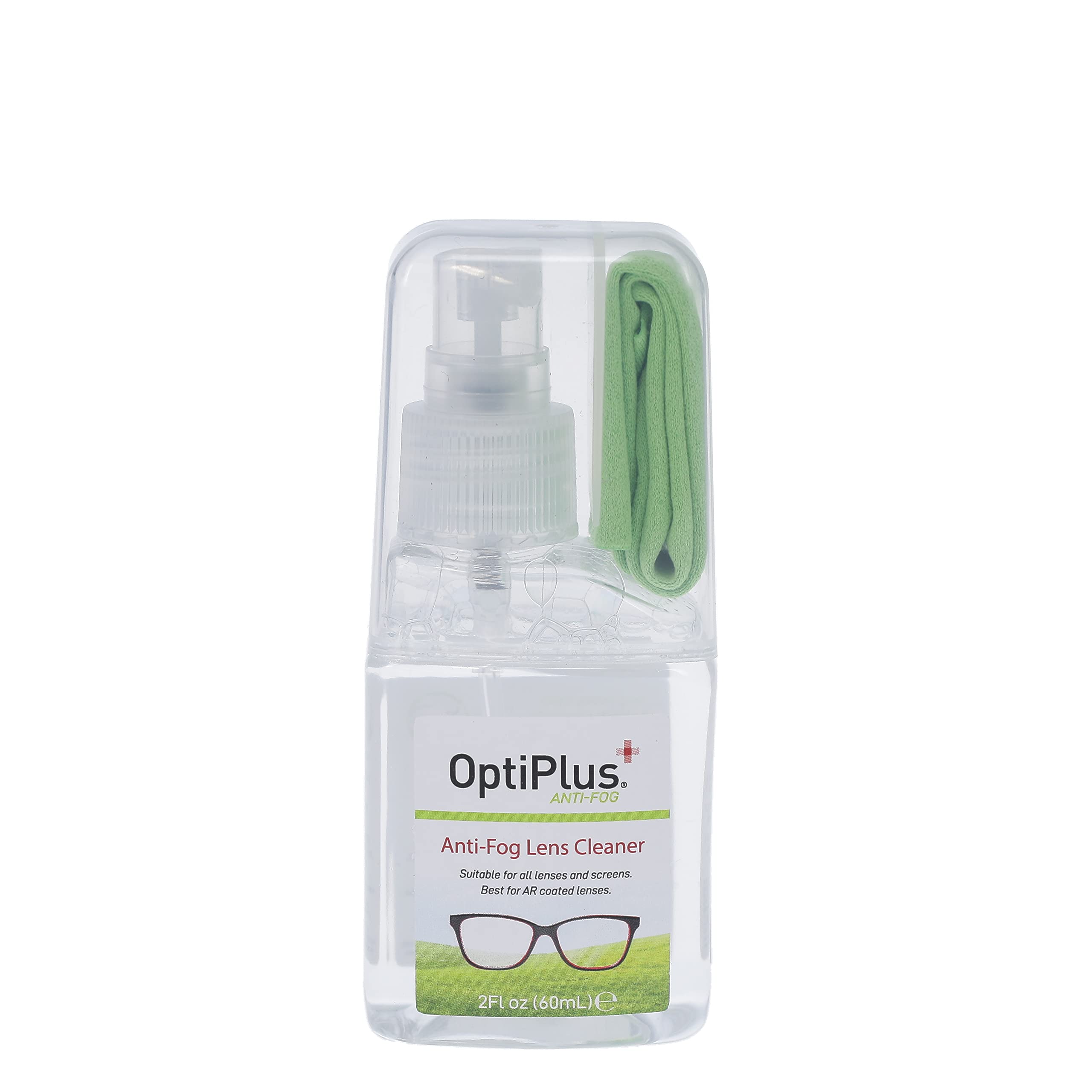 OptiPlus anti-fog spray bottle for clear lenses and quick fog prevention.