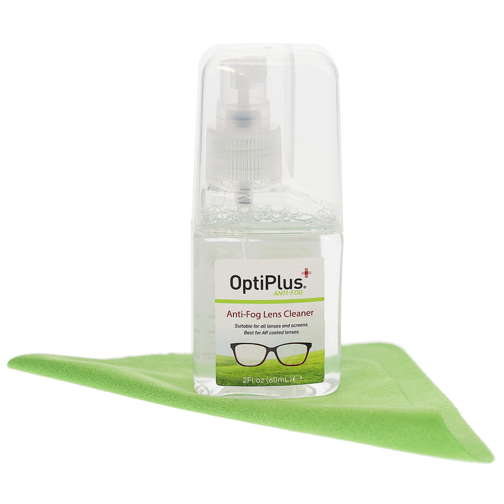 OptiPlus glasses lens care kit with spray and cloth.