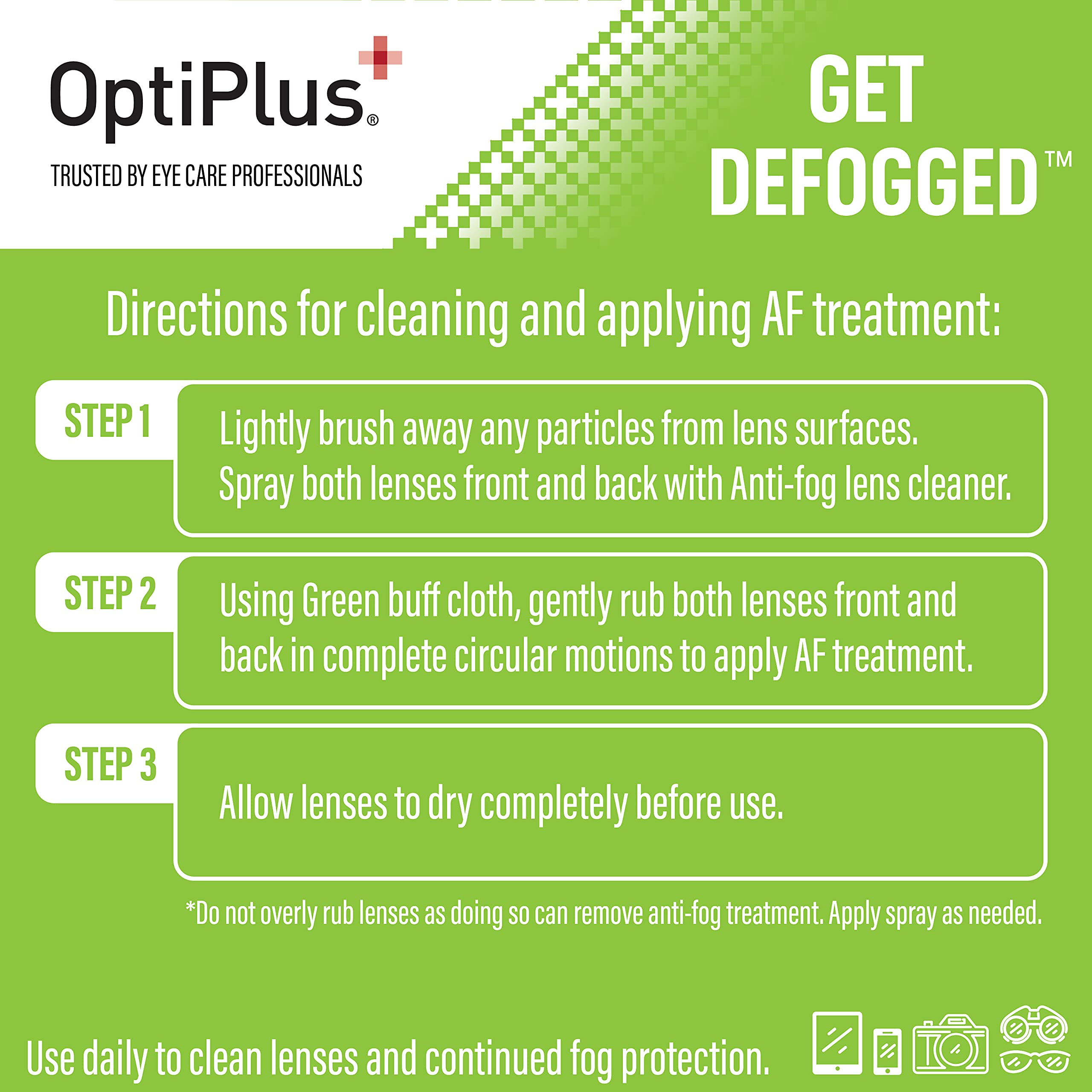OptiPlus microfiber cloth for streak-free glasses and screen cleaning.