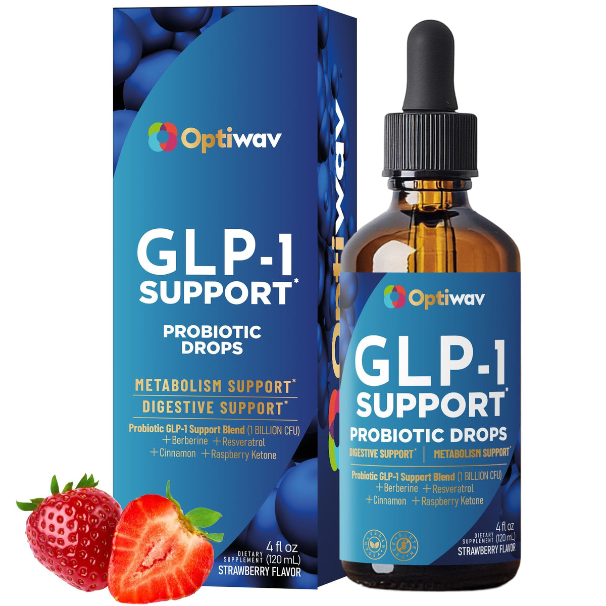 OptiWav GLP-1 Support bottle pour showing convenient dosing for appetite control