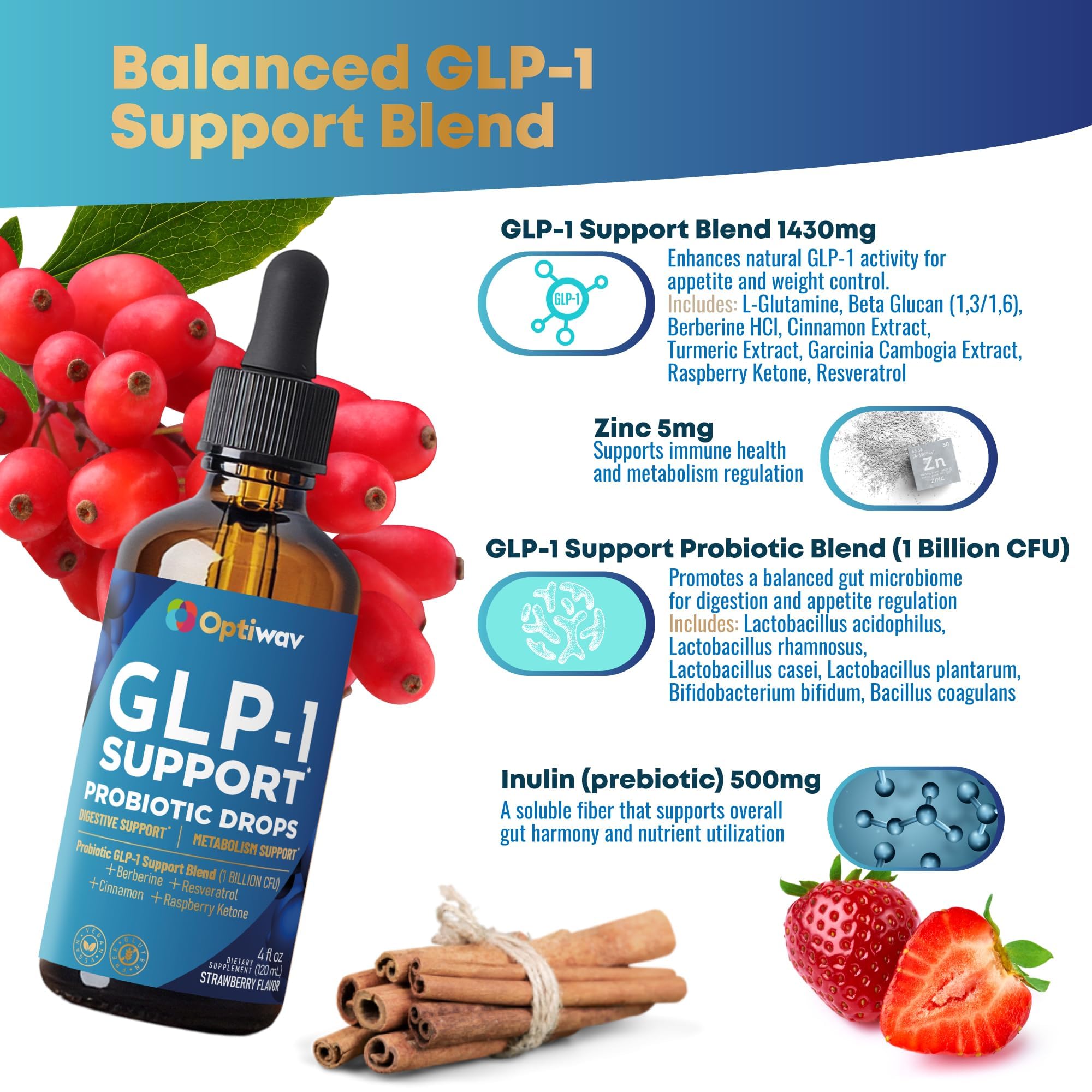 OptiWav GLP-1 Support label closeup with vegan, gluten-free ingredients