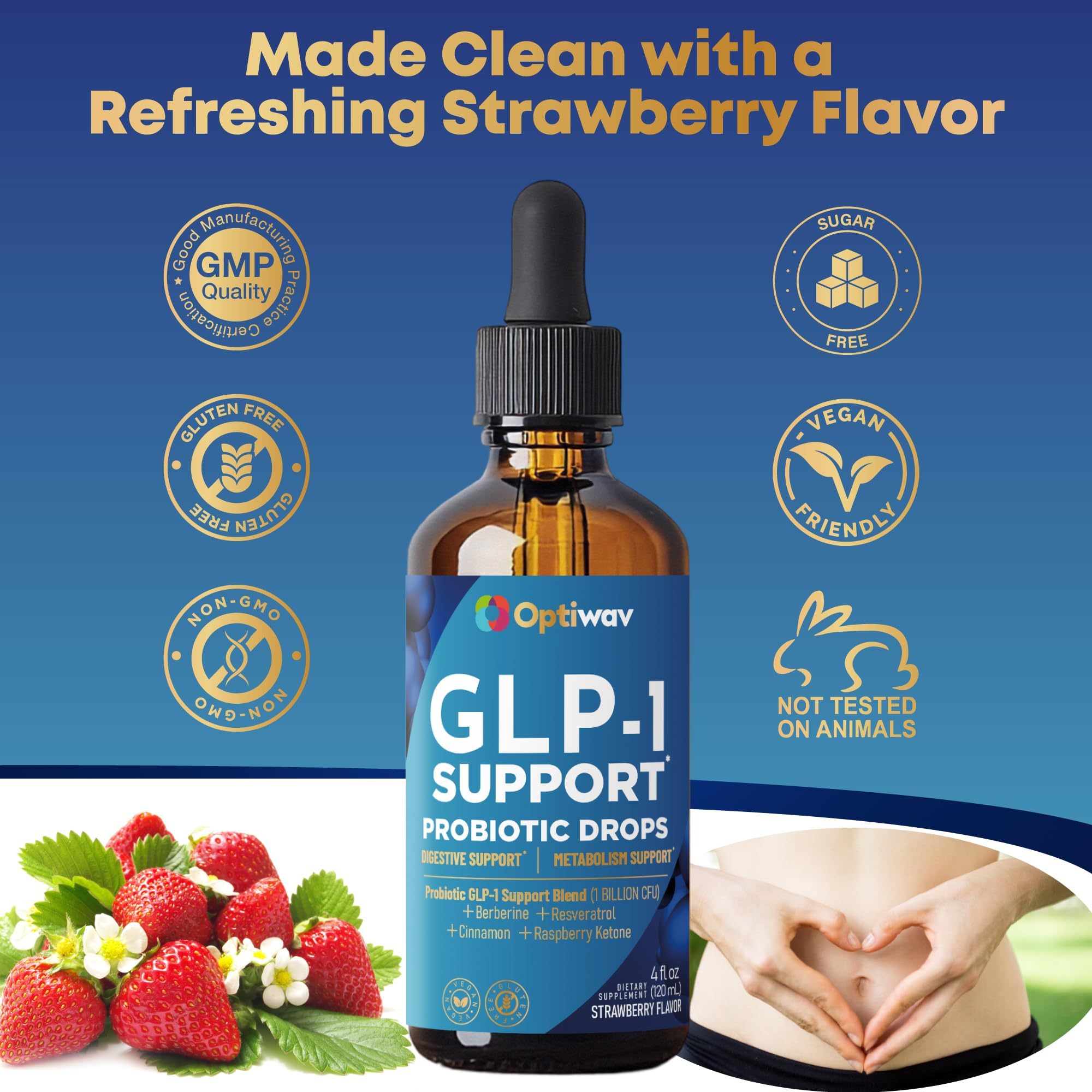 OptiWav GLP-1 Support probiotic illustration emphasizing gut balance
