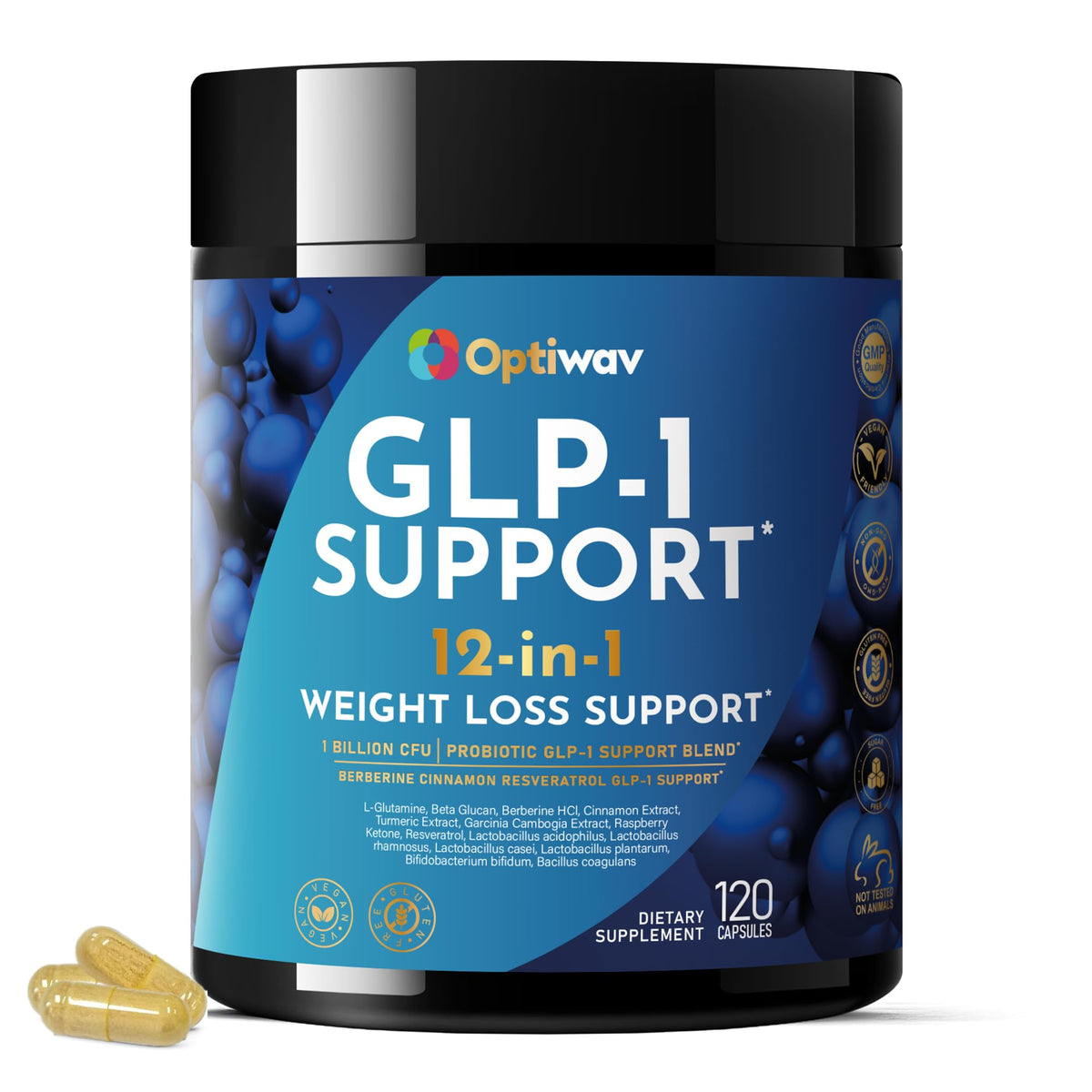 Optiwav GLP-1 Support bottle with vegan capsules designed for appetite control.
