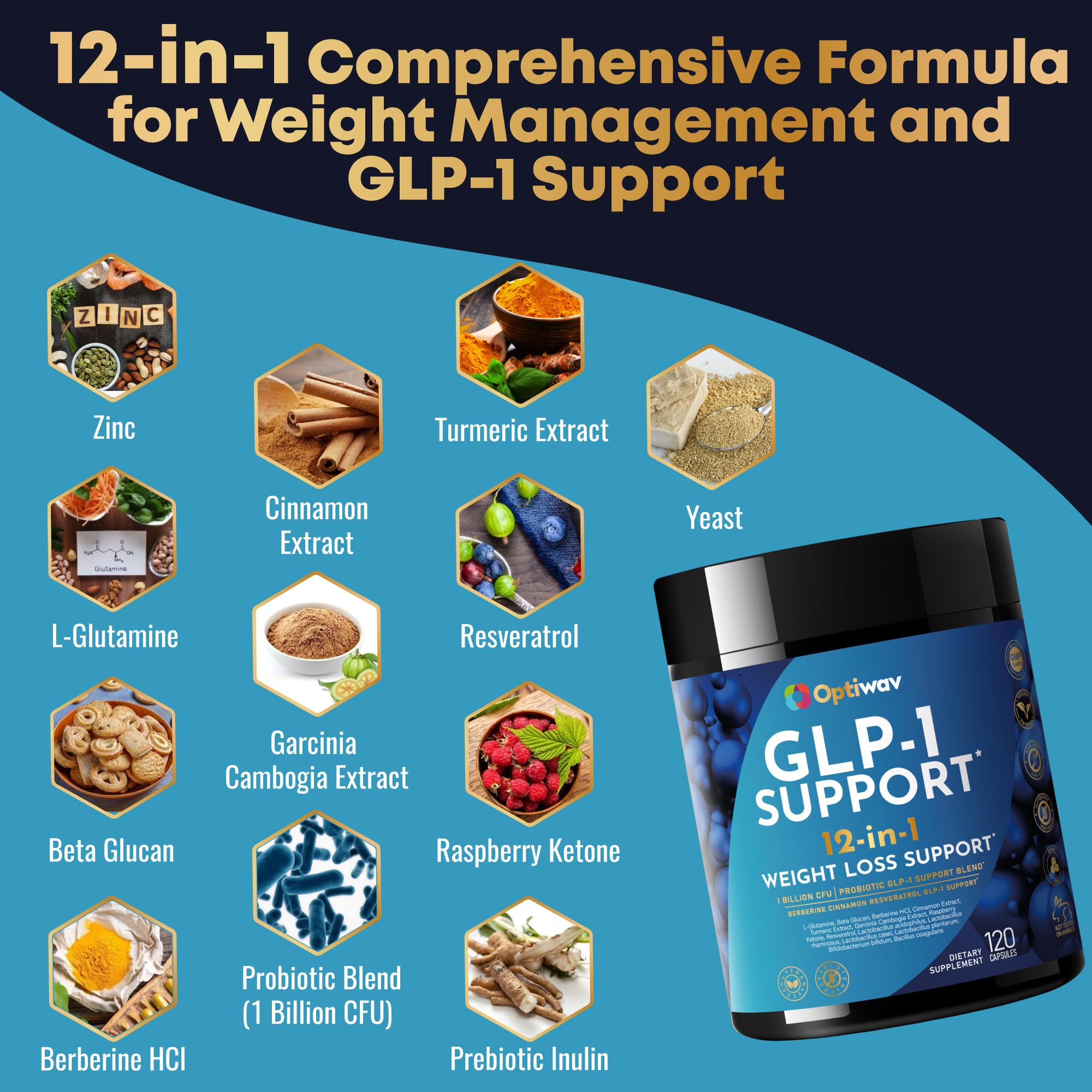 Optiwav GLP-1 Support label showing clean, vegan formula.