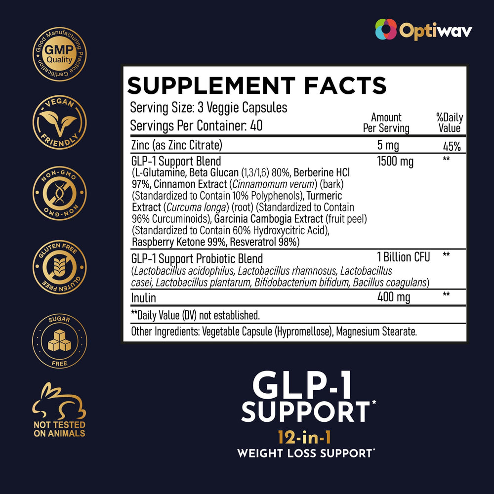 Optiwav GLP-1 Support packaging showing 40-day vegan supply.