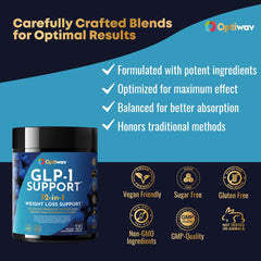 Optiwav GLP-1 Support probiotic-synbiotic blend featuring gut-friendly strains.
