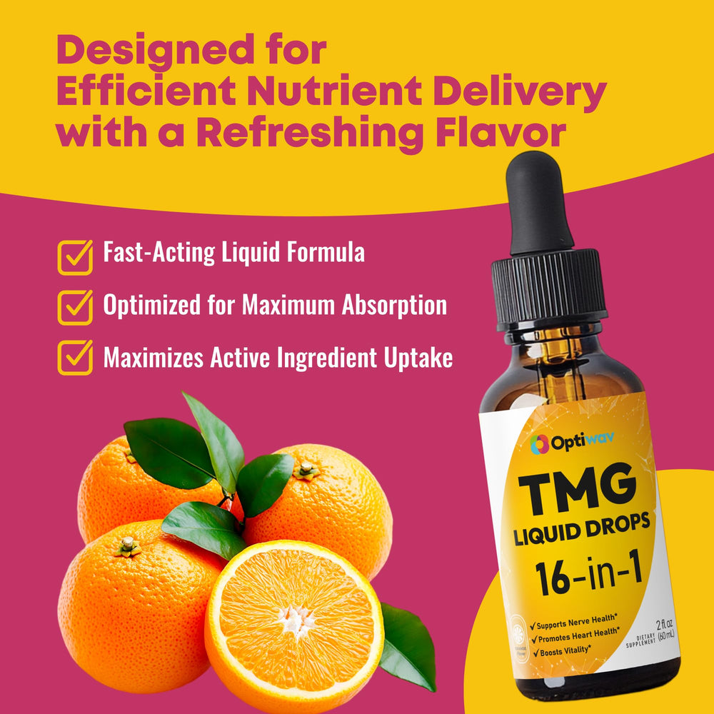 OptiWav TMG liquid drops label closeup highlighting its 16-in-1 formula