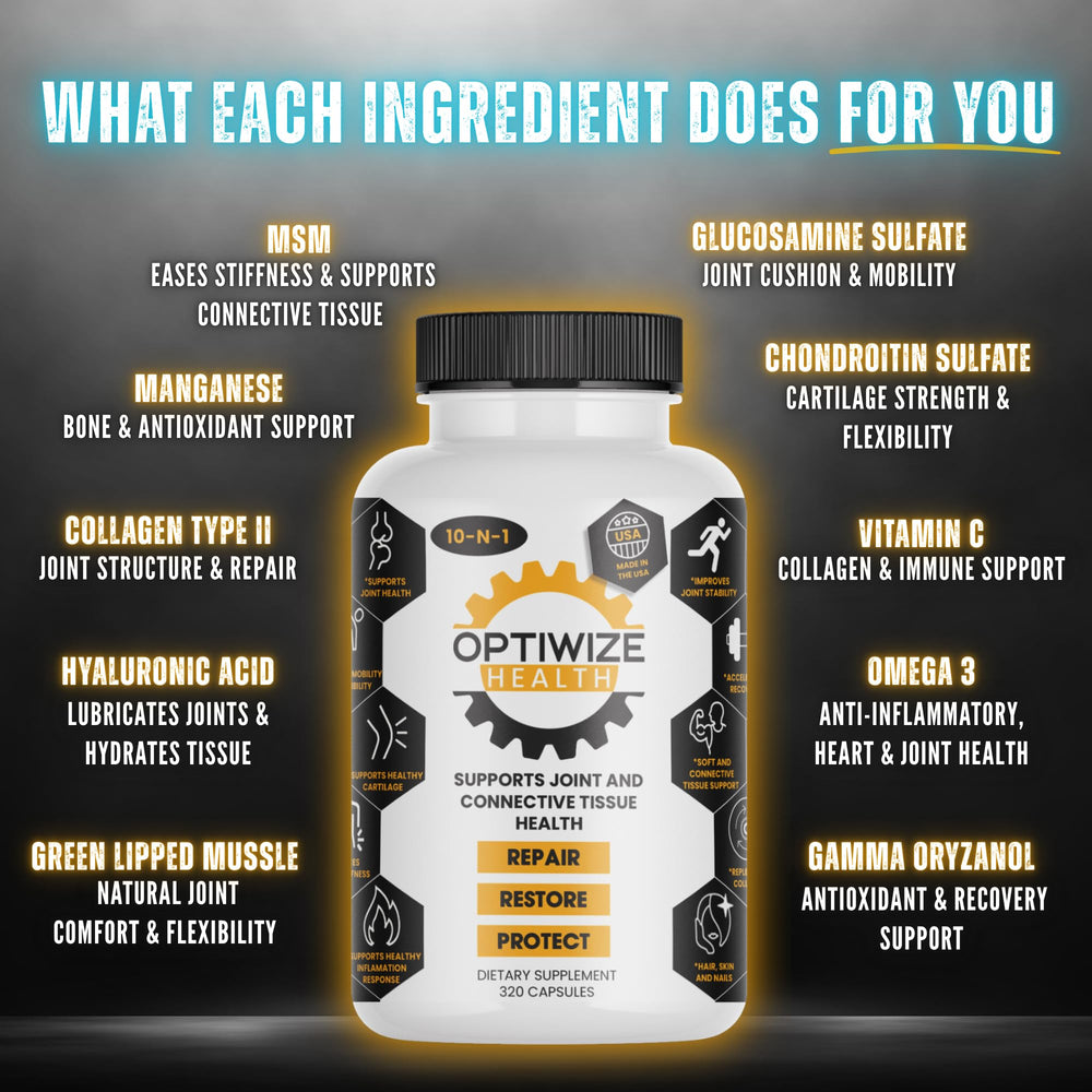 Comprehensive OptiWize 10-N-1 formula image with collagen, MSM, and chondroitin.