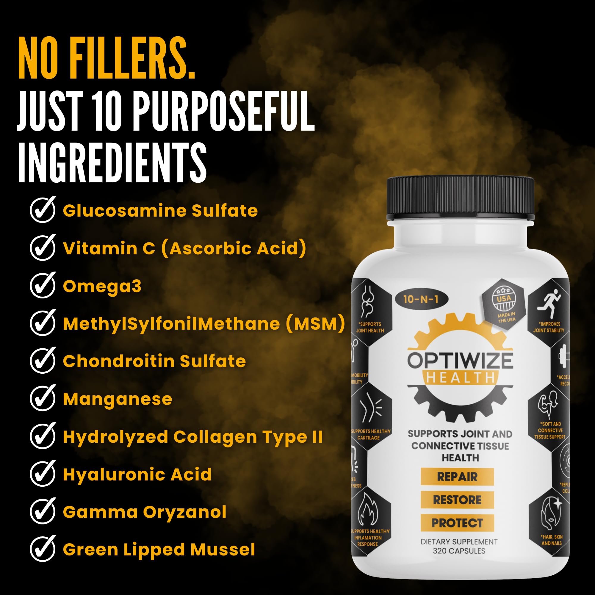 Label close-up highlighting hyaluronic acid and omega-3 in OptiWize.