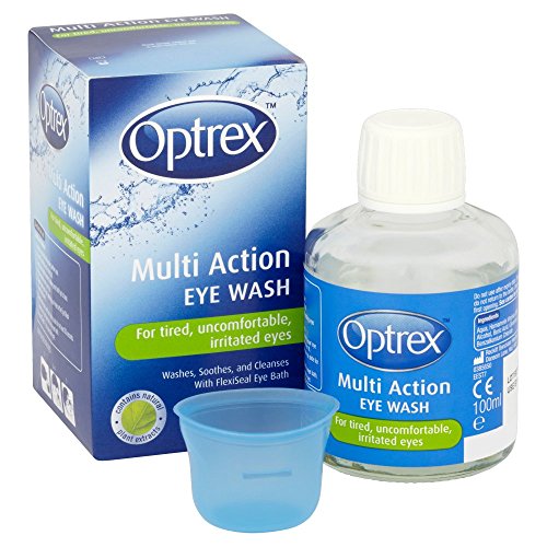 Optrex Enjuague Ocular Multi-acción, etiqueta clara para instrucciones.