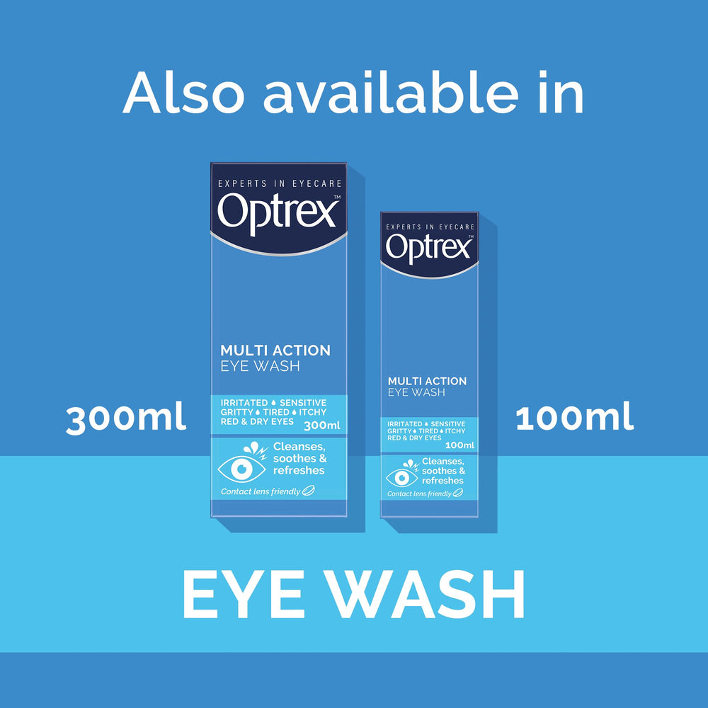 Optrex Enjuague Ocular Multi-acción, contiene extractos vegetales para cuidado suave.