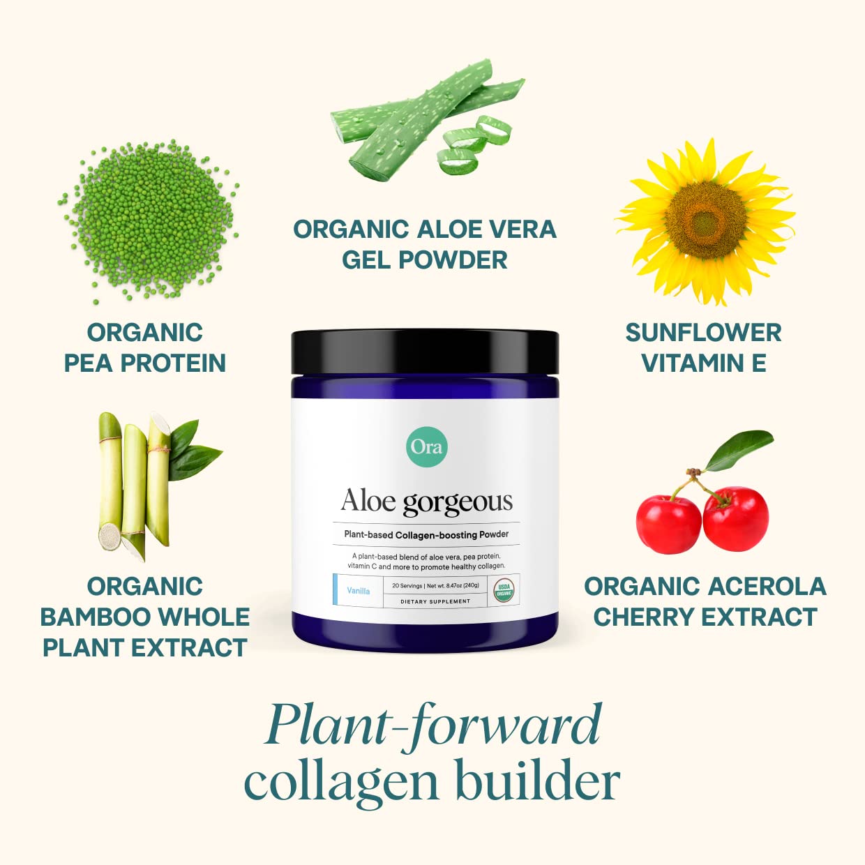 Ora Organic Aloe Gorgeous scoop beside glass showing hydration and vitality.