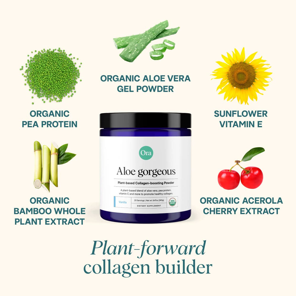 Ora Organic Aloe Gorgeous scoop beside glass showing hydration and vitality.