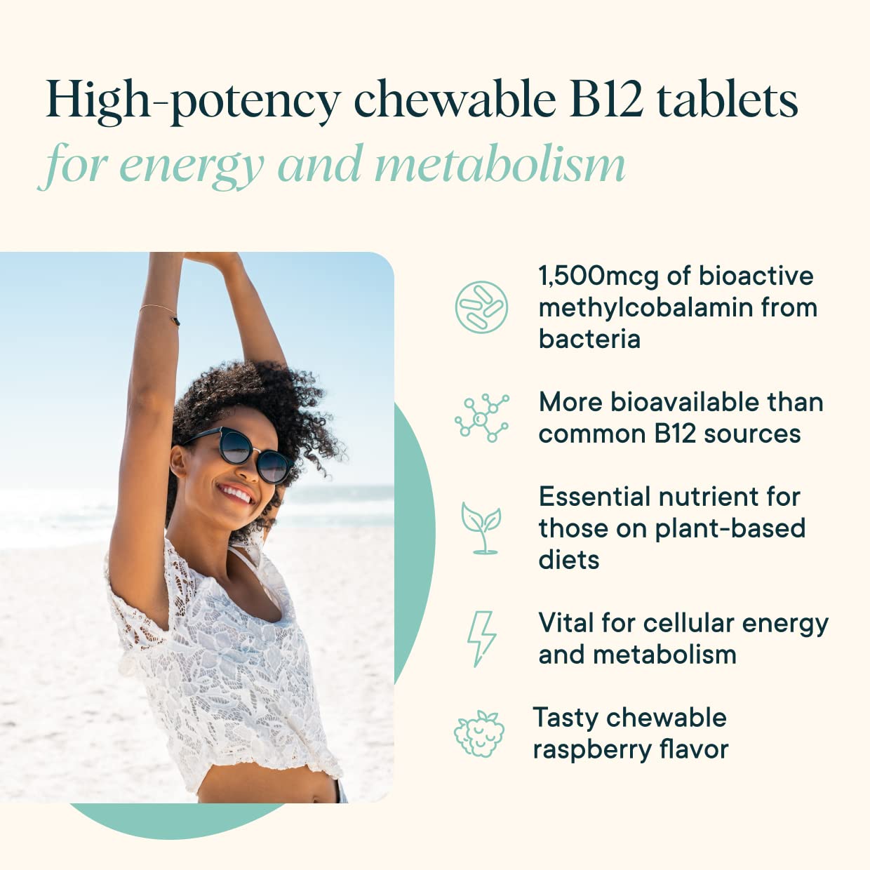 Ora Organic B12 1500mcg chewable tablet, easy daily use.