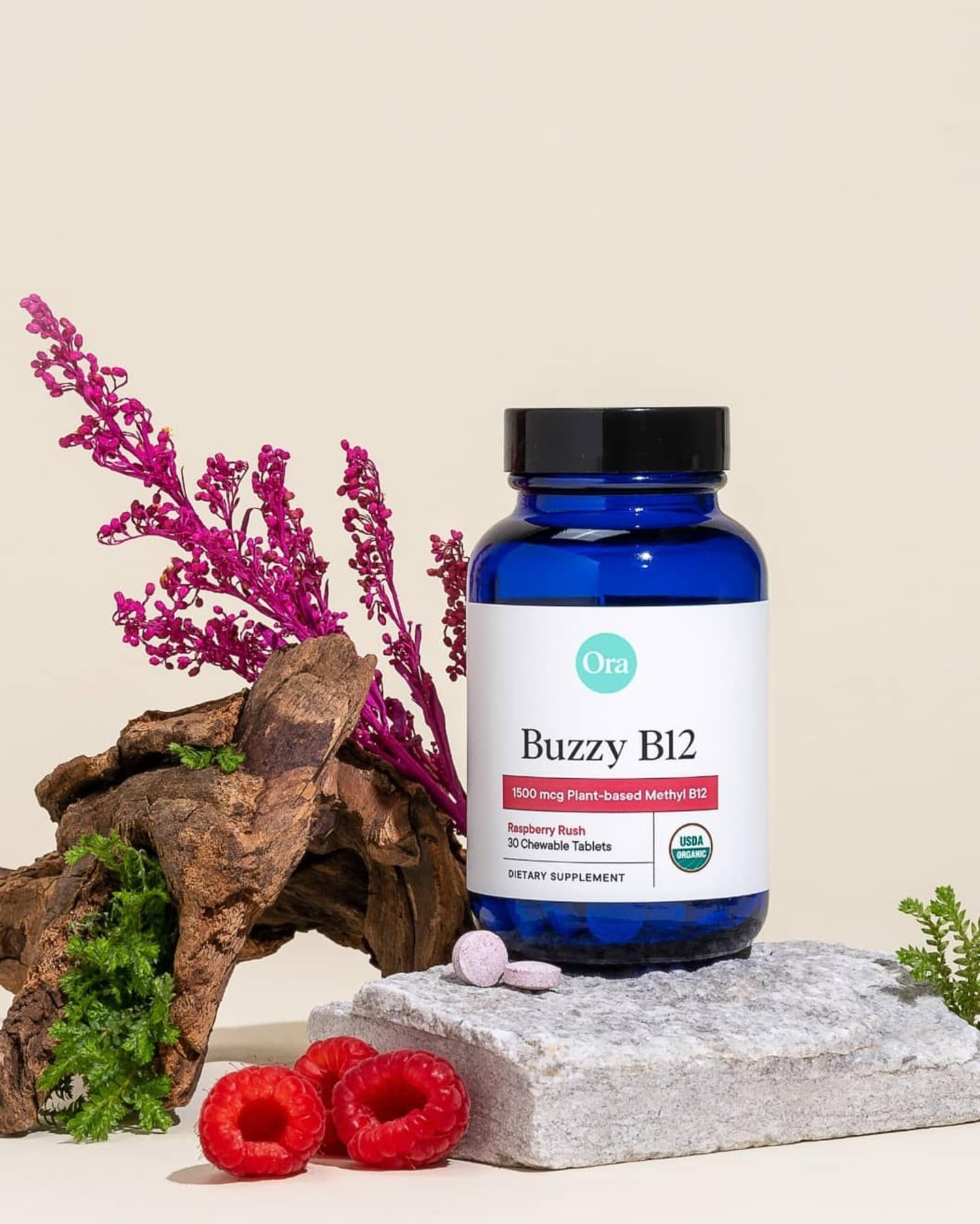 Ora Organic B12 methylcobalamin active form highlighted on label.