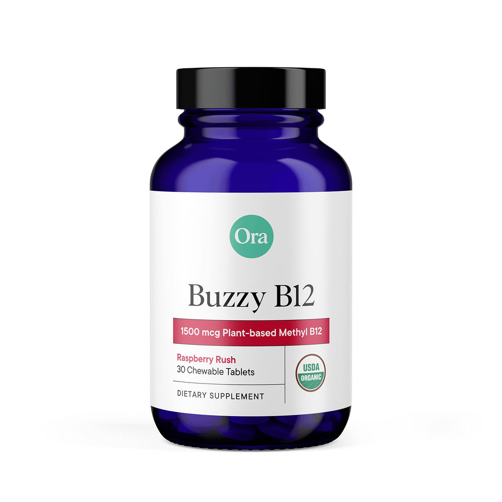 Ora Organic B12 raspberry chew bottle, on-the-go energy support.