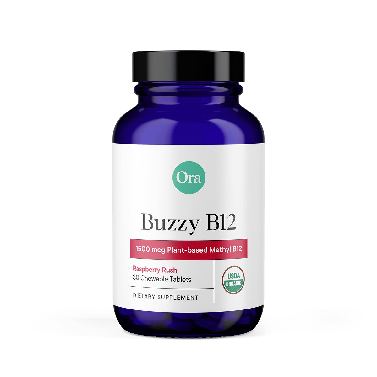 Ora Organic B12 raspberry chew bottle, on-the-go energy support.