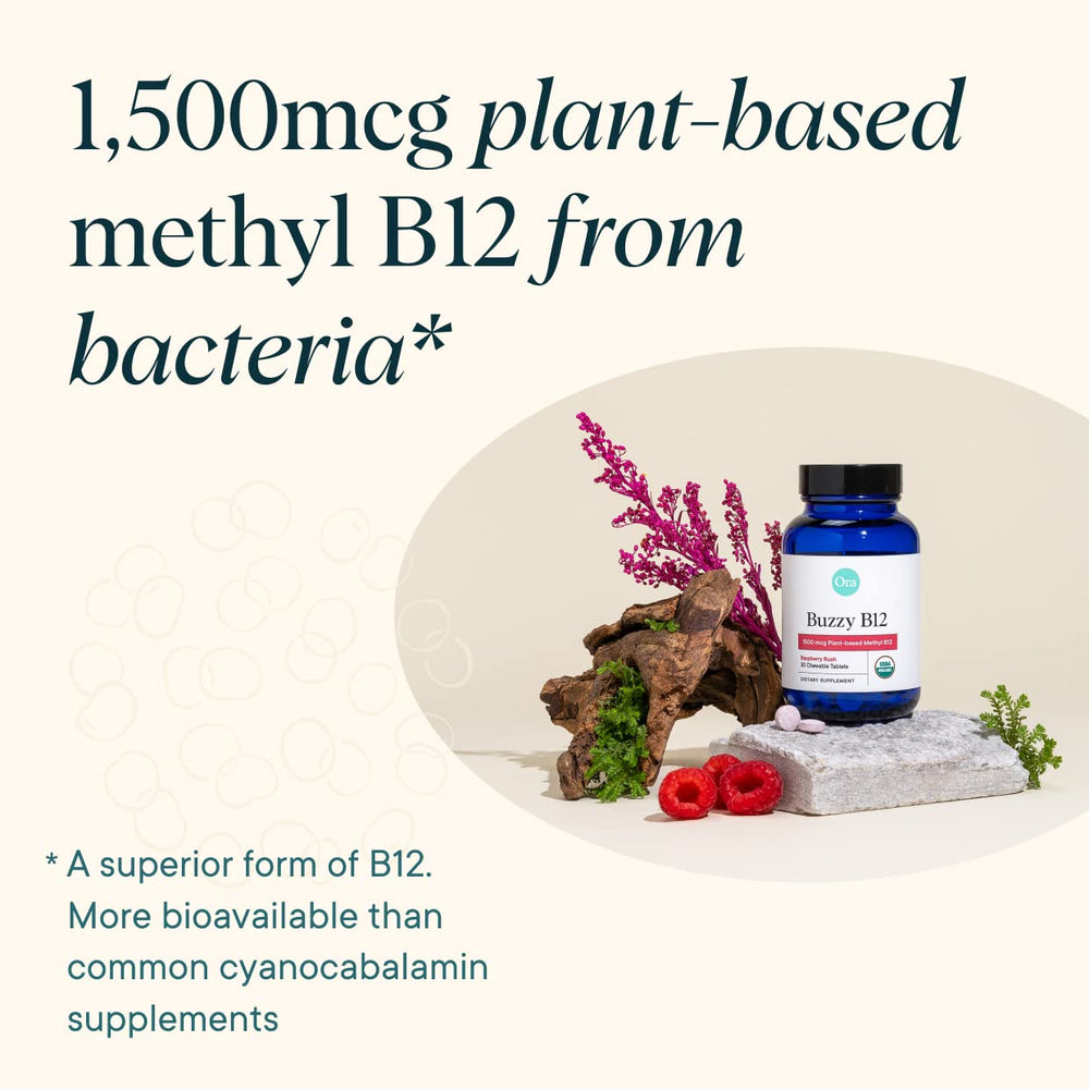 Ora Organic B12 jar with USDA Organic badge showing purity.