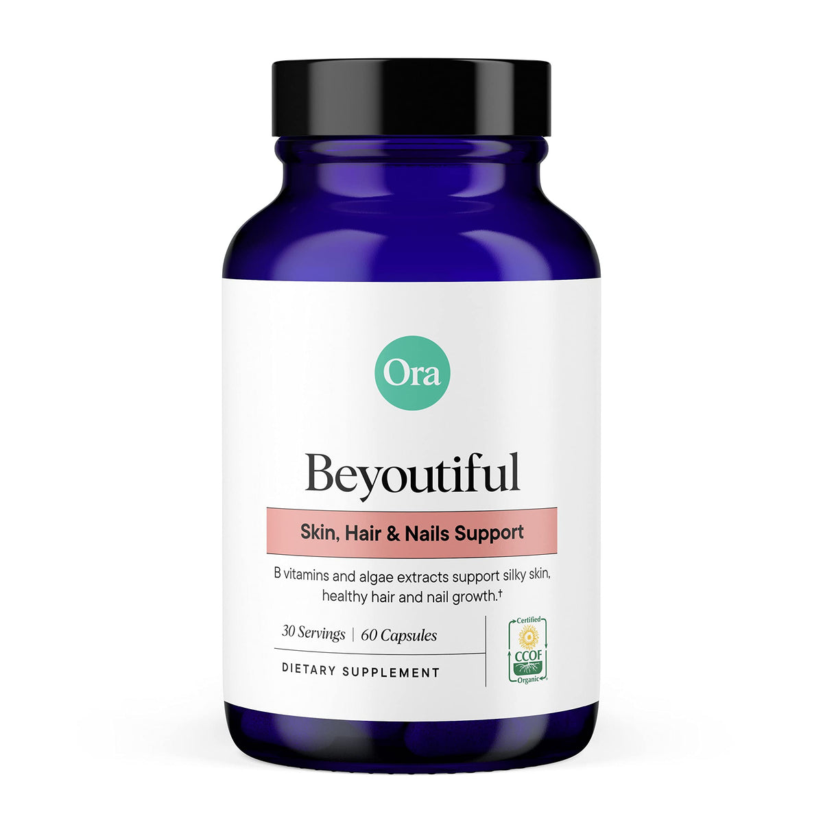 Ora Organic BeYouTiful bottle on a shelf, suggesting vegan beauty support for hair and nails.
