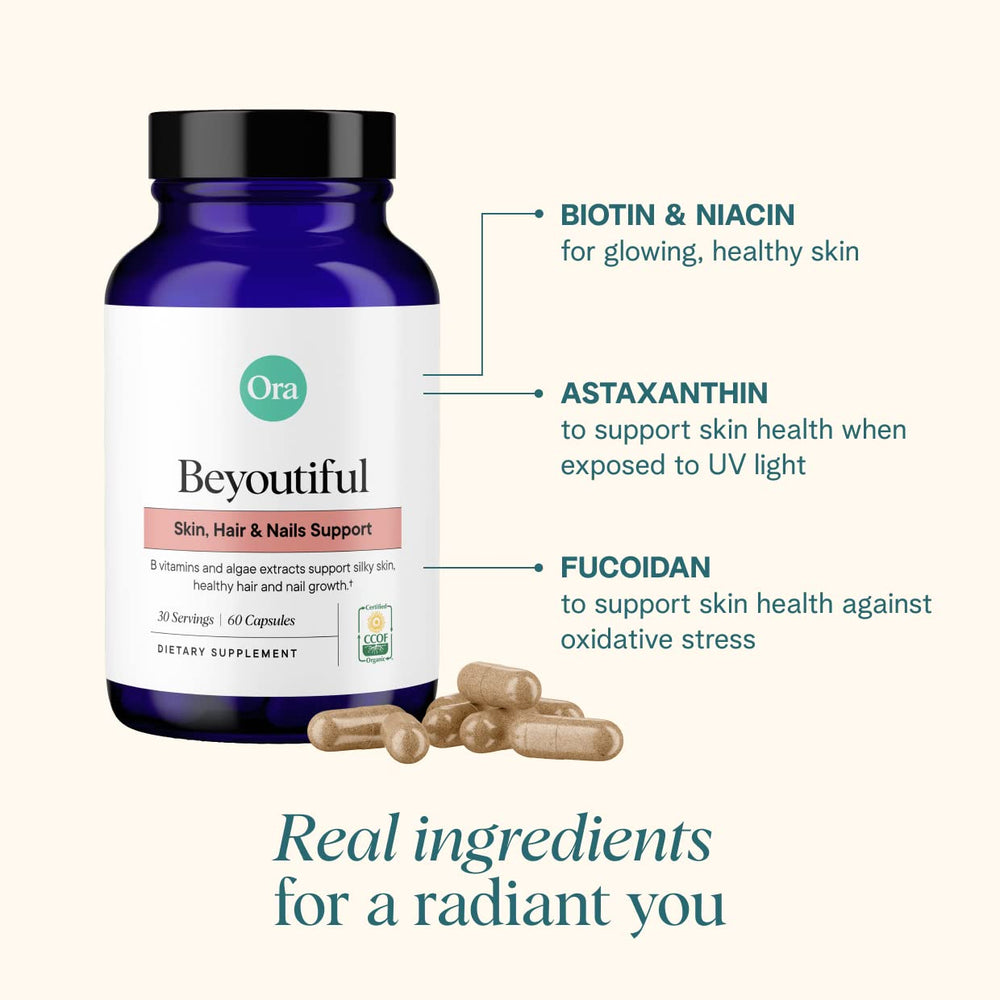Ora Organic BeYouTiful probiotics bottle supporting gut-friendly nourishment for overall wellness.