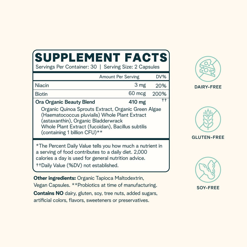 Ora Organic BeYouTiful quinoa sprouts highlight natural B vitamin sources for hair and nail strength.