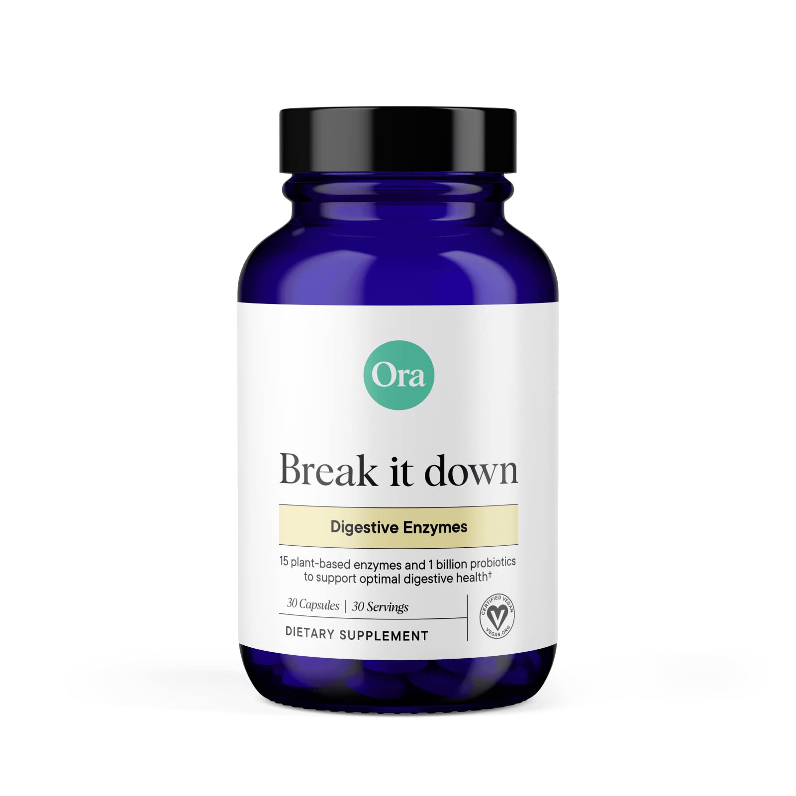 Ora Organic Break It Down bottle close-up showing vegan digestive enzymes for digestion