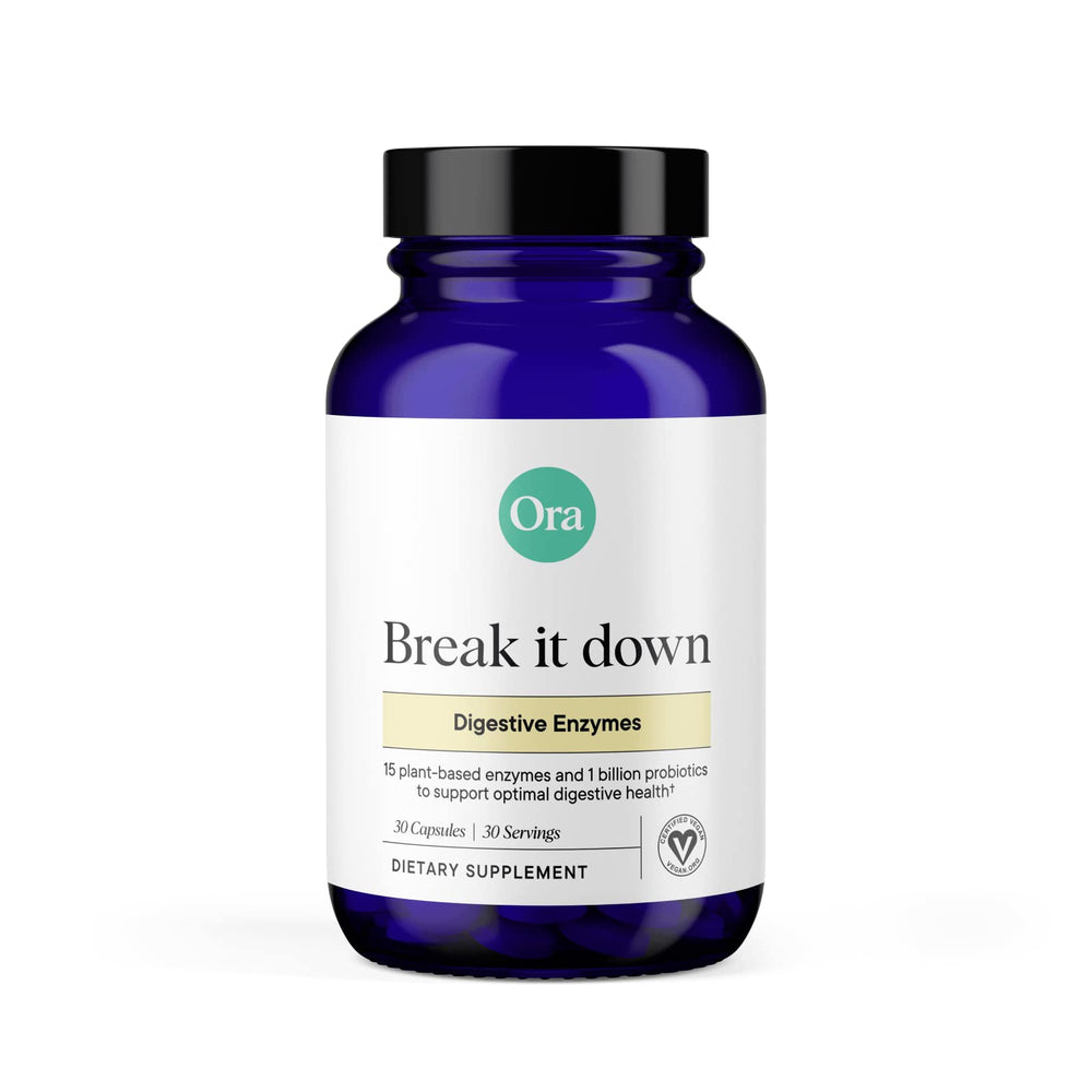 Ora Organic Break It Down bottle close-up showing vegan digestive enzymes for digestion