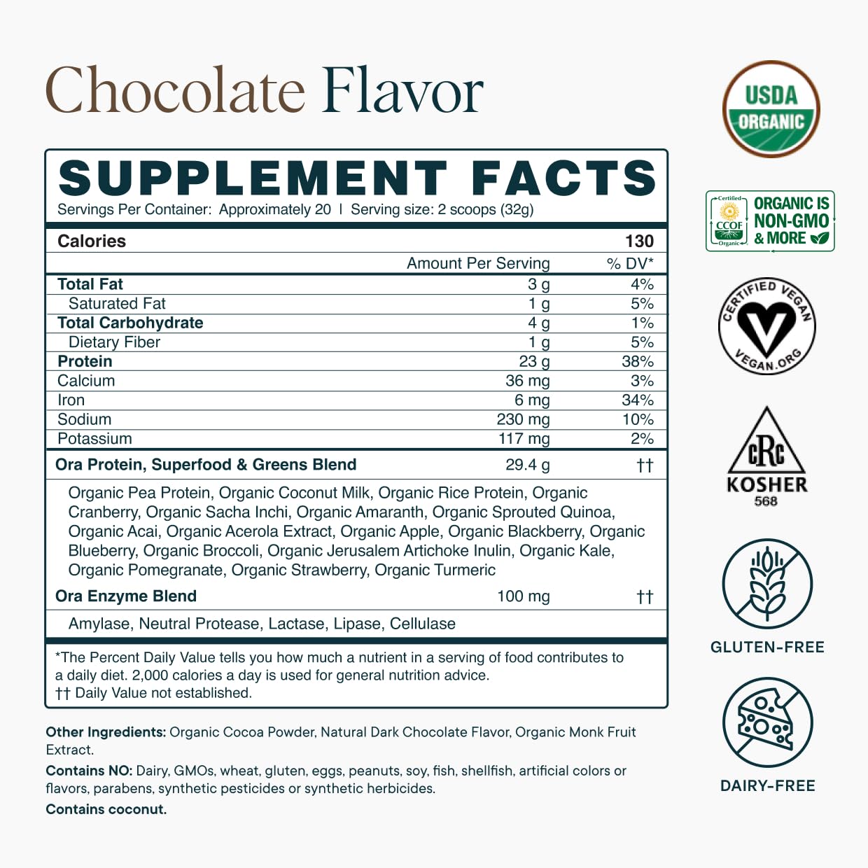 Ora Organic label highlights gluten-free and non-GMO attributes for clean nutrition.