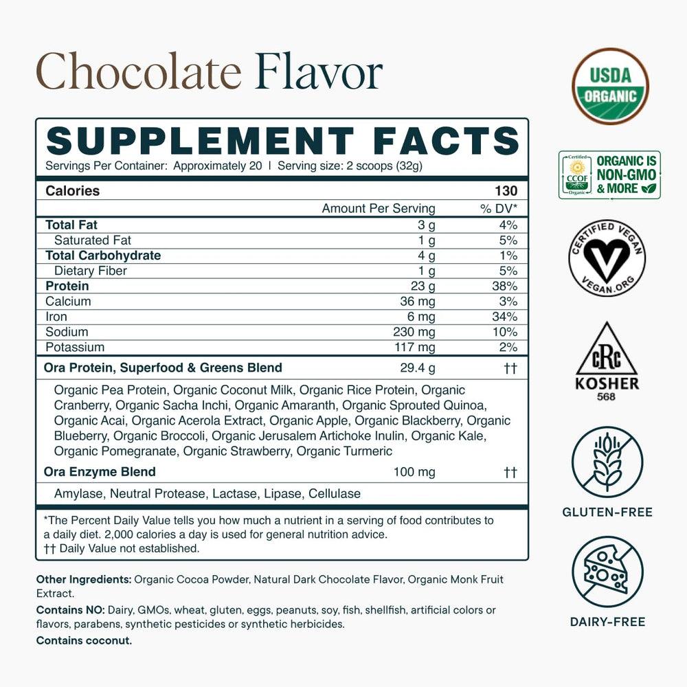 Ora Organic label highlights gluten-free and non-GMO attributes for clean nutrition.