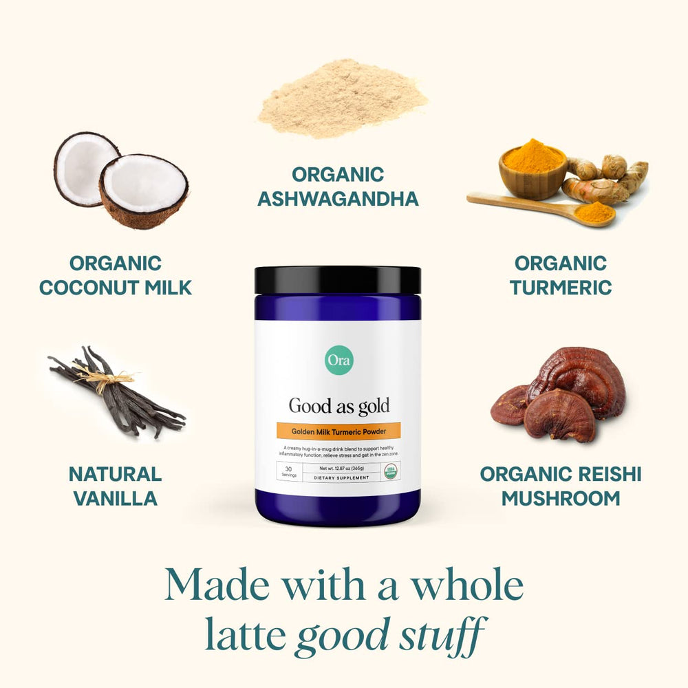 Ginger and spices accompany Ora Organic Golden Milk Powder for a warming treat.