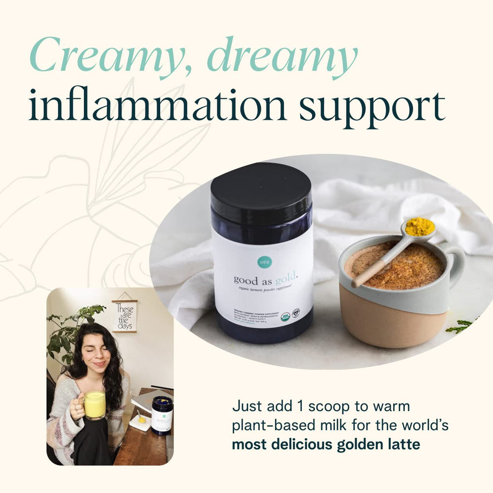 Ora Organic Golden Milk Powder in a glass mug with froth signaling a calming ritual.