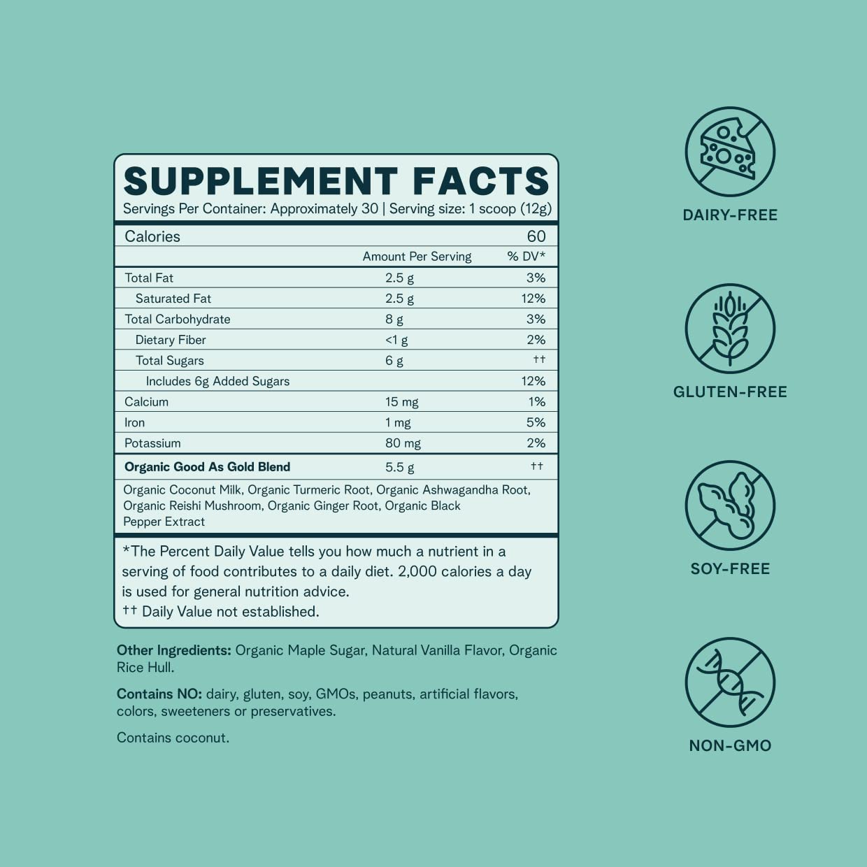 Scoop of Ora Organic Golden Milk Powder beside spices and vanilla for easy wellness prep.