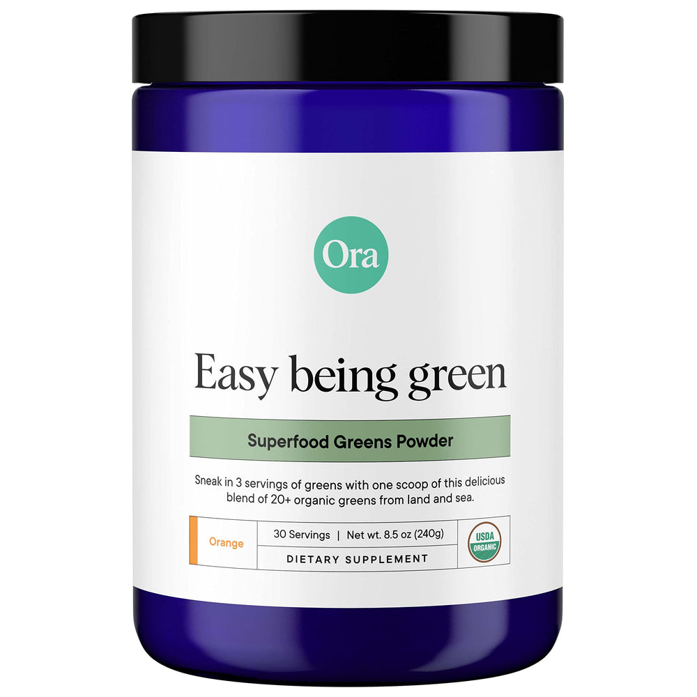 Ora Organic Greens Powder bottle front showing citrus flavor and modern design for daily greens.
