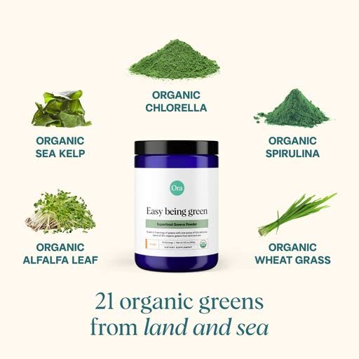 Ora Organic Greens Powder jar label highlighting organic certification and allergen-free formula.