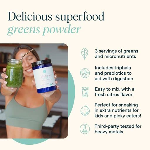 Ora Organic Greens Powder near a blender for quick greens addition to meals.