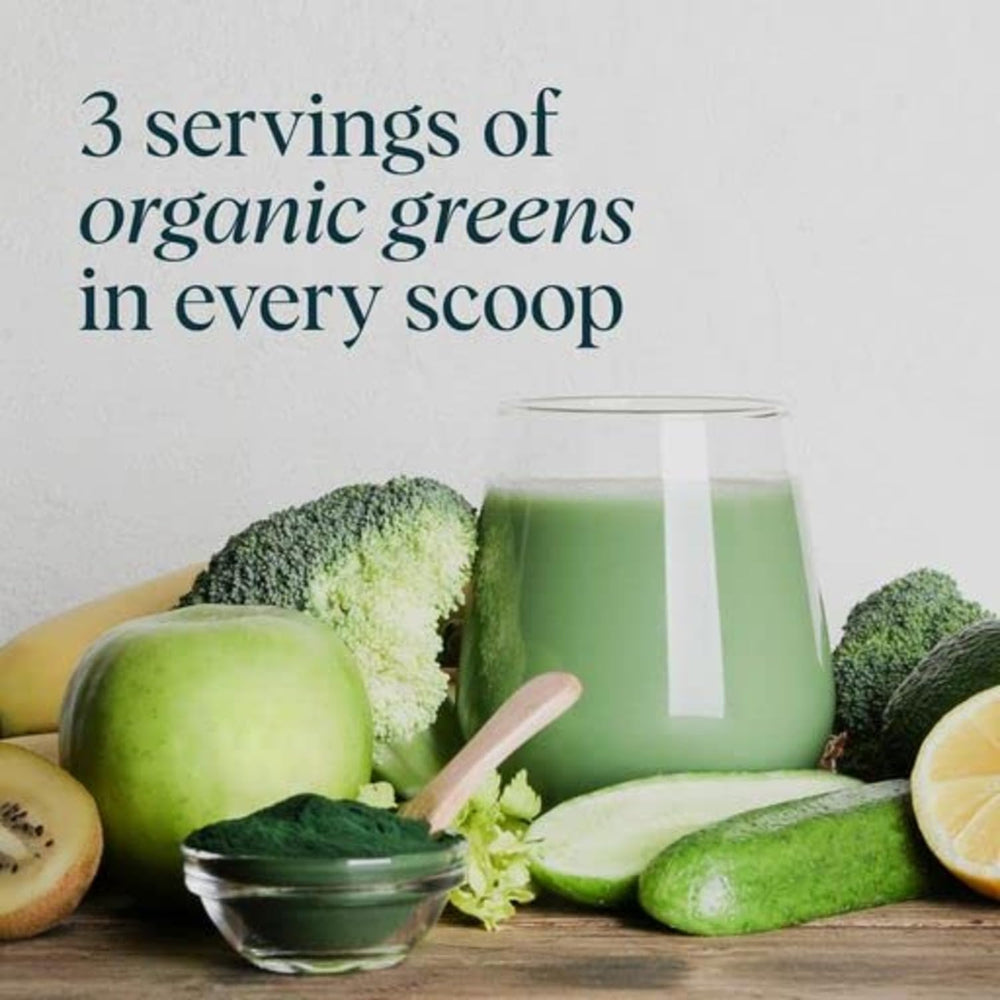 Ora Organic Greens Powder packaging on a kitchen shelf emphasizing gluten-free and vegan values.