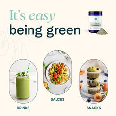 Ora Organic Greens Powder being poured into a glass for a refreshing drink.