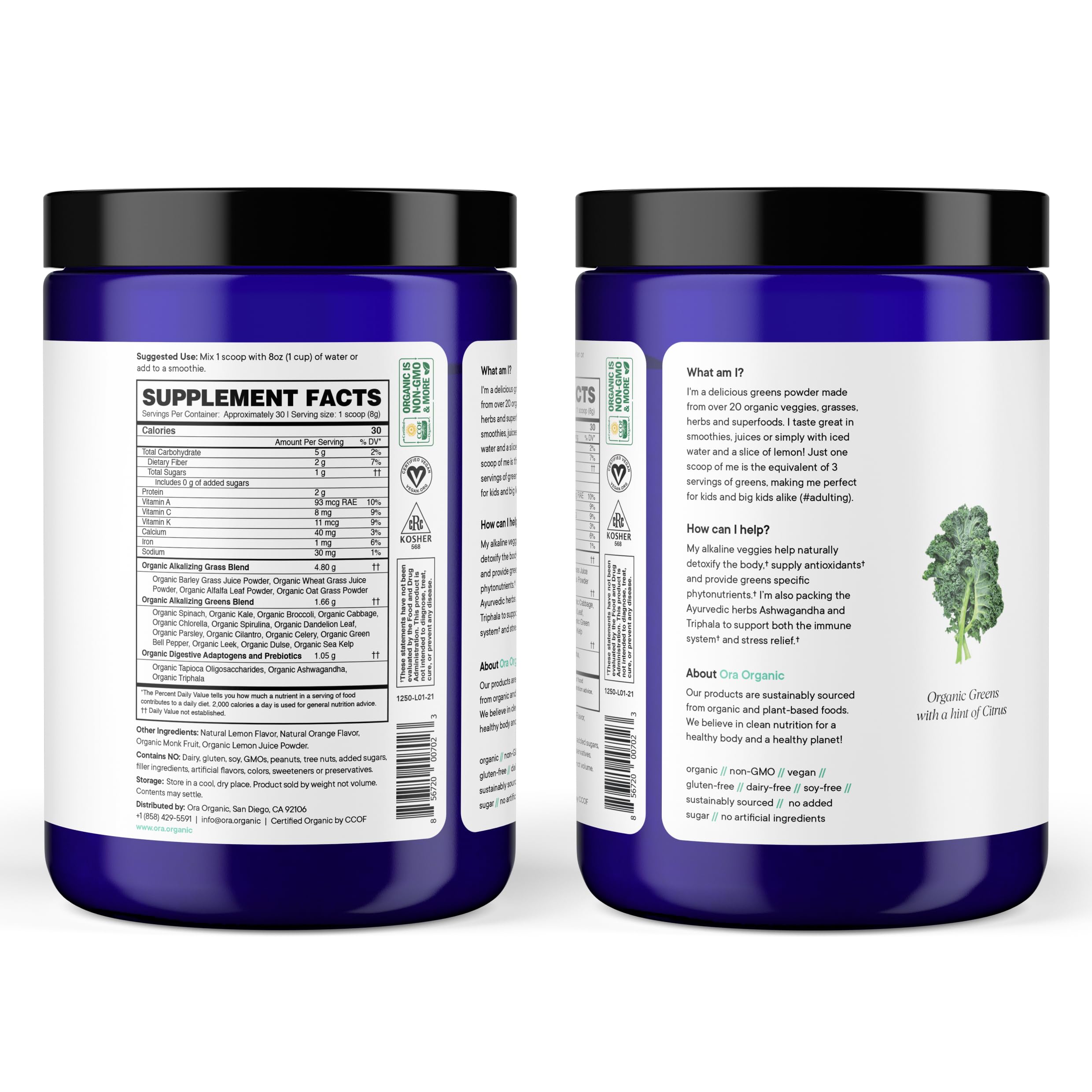 Ora Organic Greens Powder scoop with measuring spoon ready for serving in smoothies.