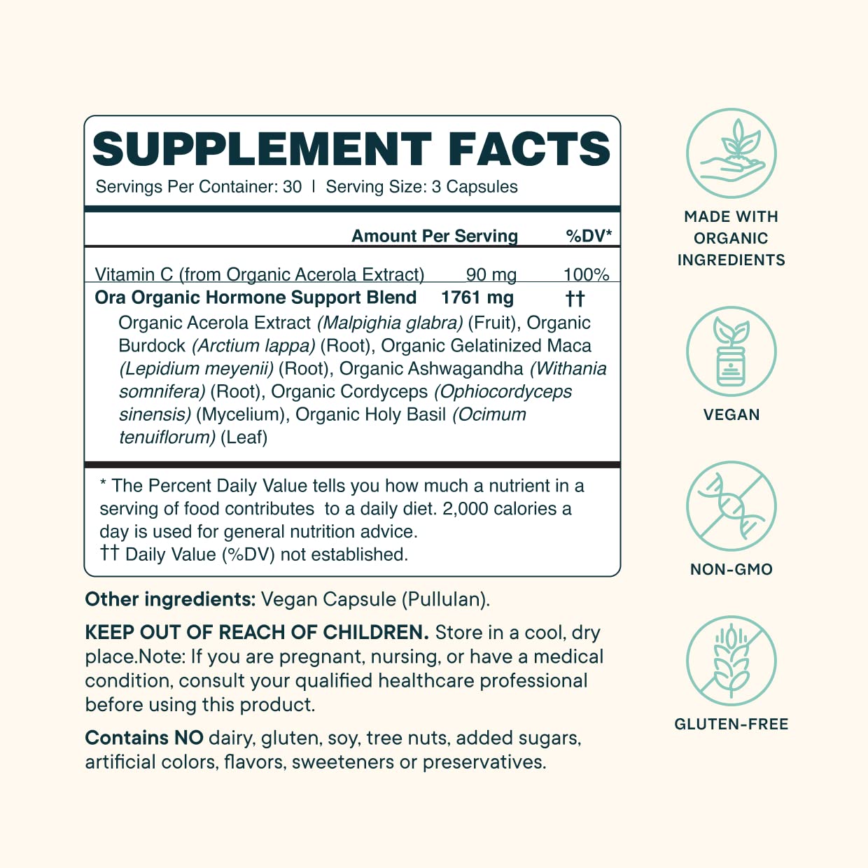 Ora Organic Hormone Balance capsules closeup for stress management and energy