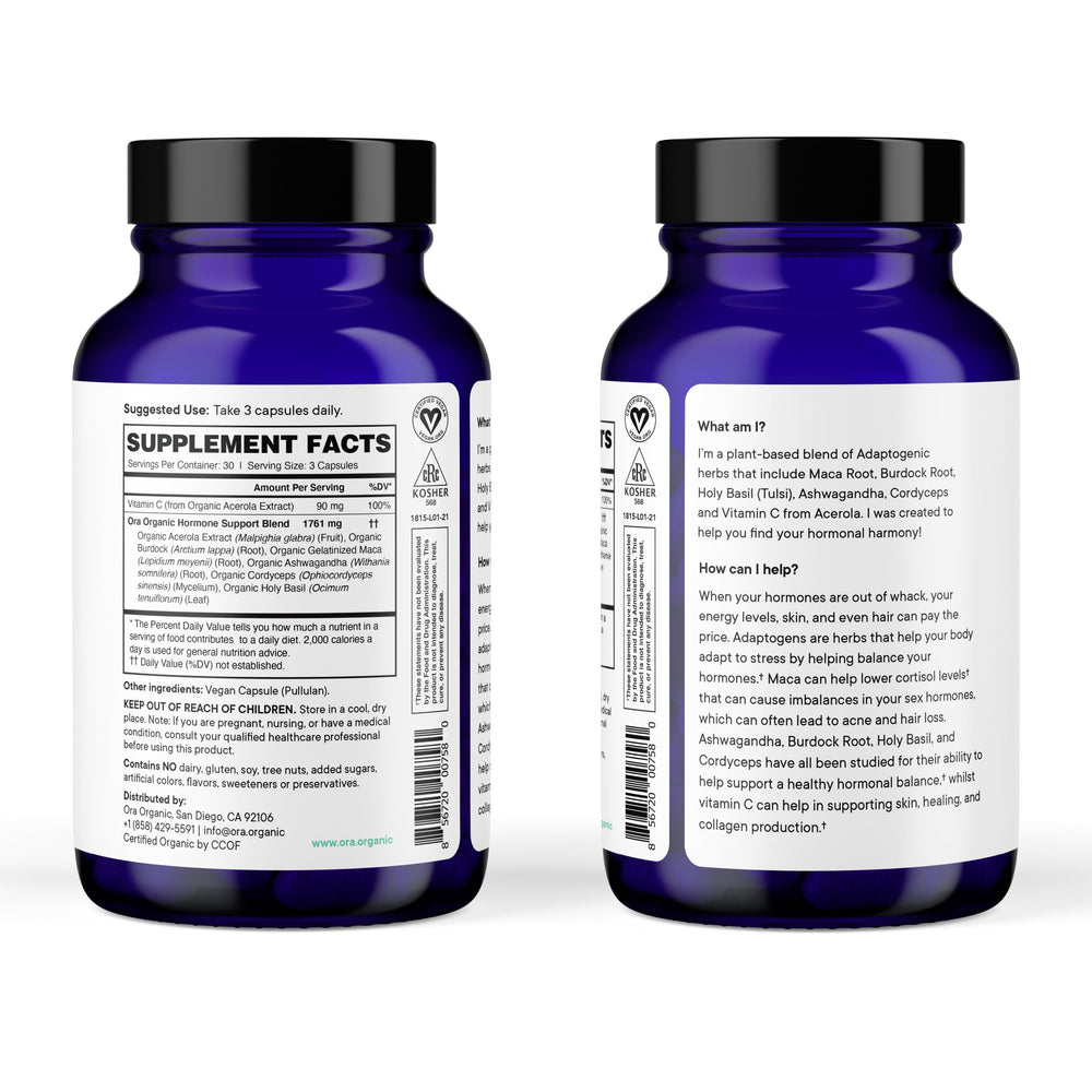 Ora Organic Hormone Balance glass bottle on shelf for daily use