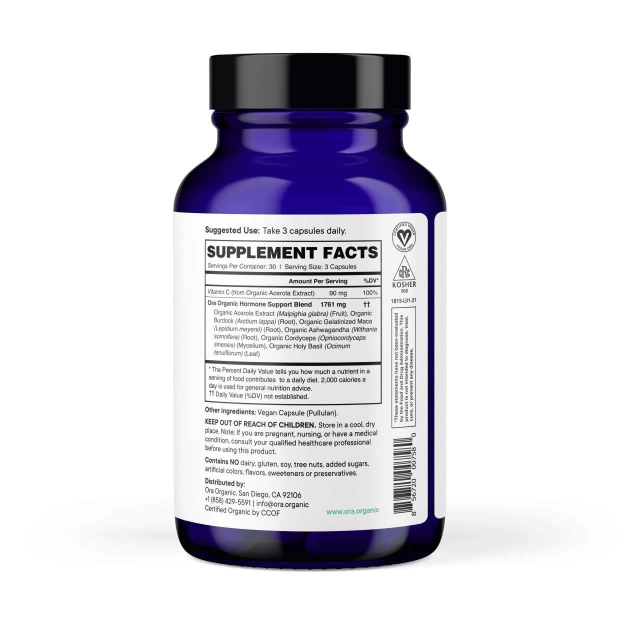 Ora Organic Hormone Balance ingredients pack highlighting ashwagandha, maca, and cordyceps